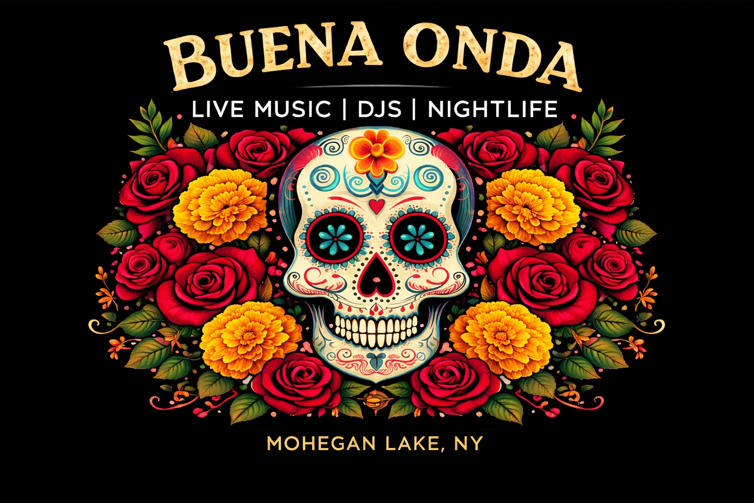 Buena Onda live music an DJs at Craft Tacos and Tequila in Mohegan Lake NY - skull motif graphic